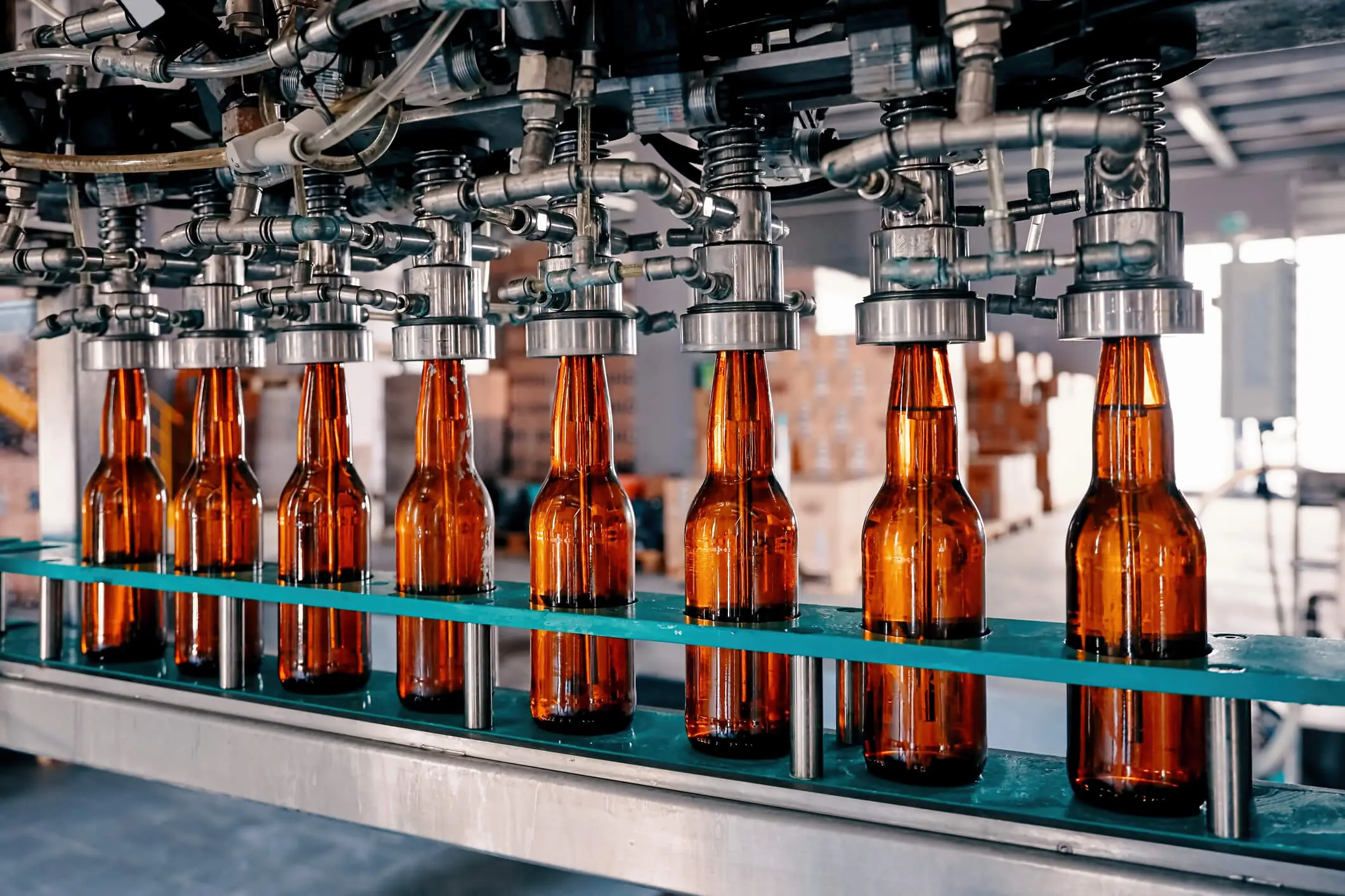 Botellas de cerveza llenas en la cinta transportadora en la fábrica de cerveza